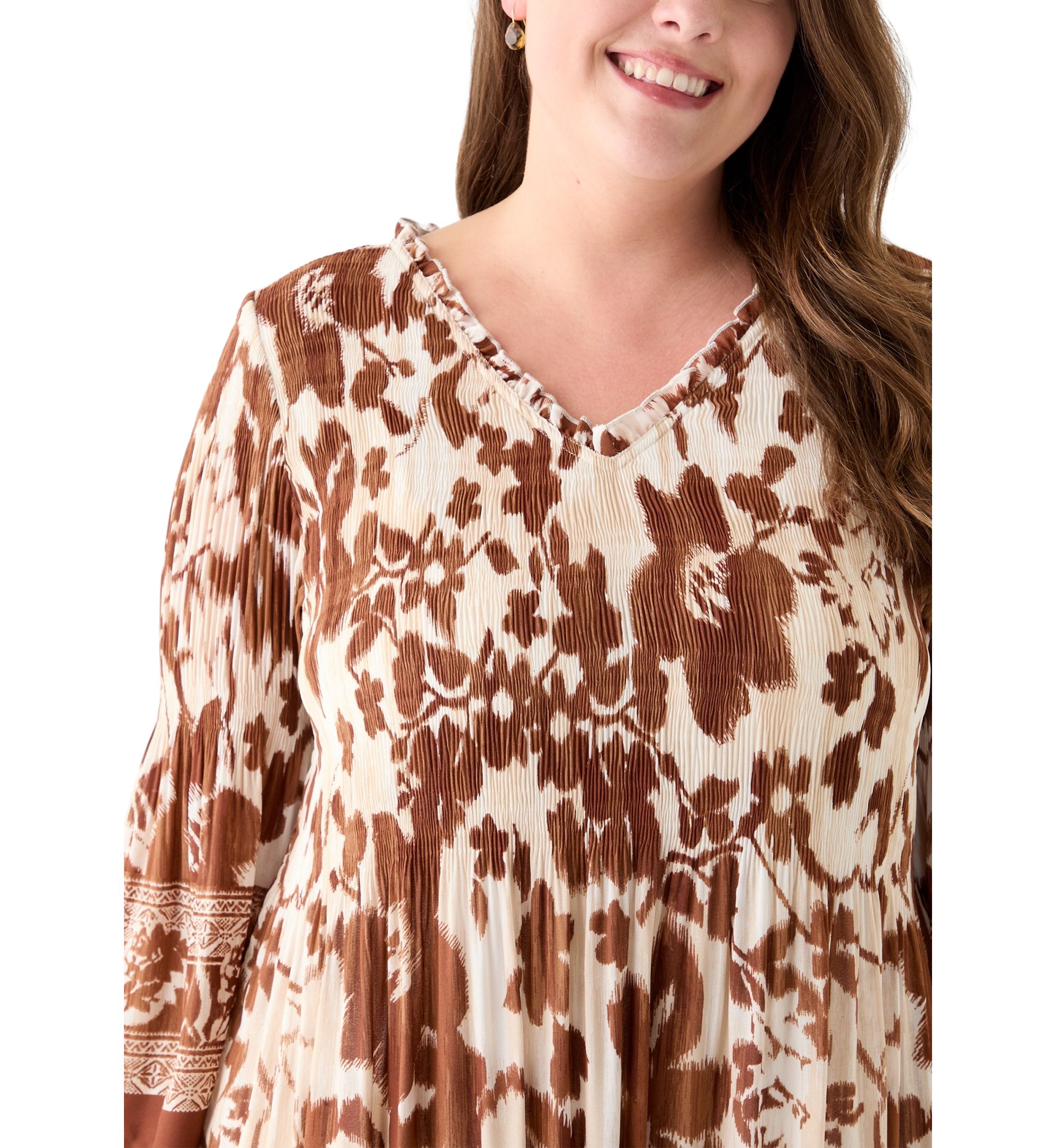 Plus Size Long Sleeve V-Neck Floral Print Pleater Dress