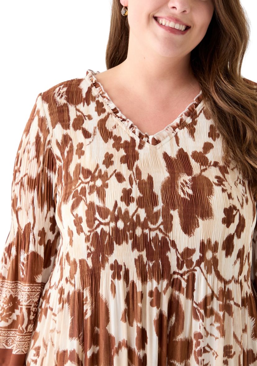 Plus Size Long Sleeve V-Neck Floral Print Pleater Dress