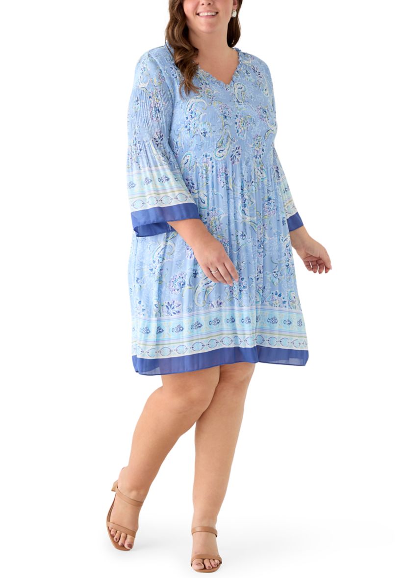 Emma & Michelle Women's Plus Size Long Bell Sleeve V-Neck Dress, 1X