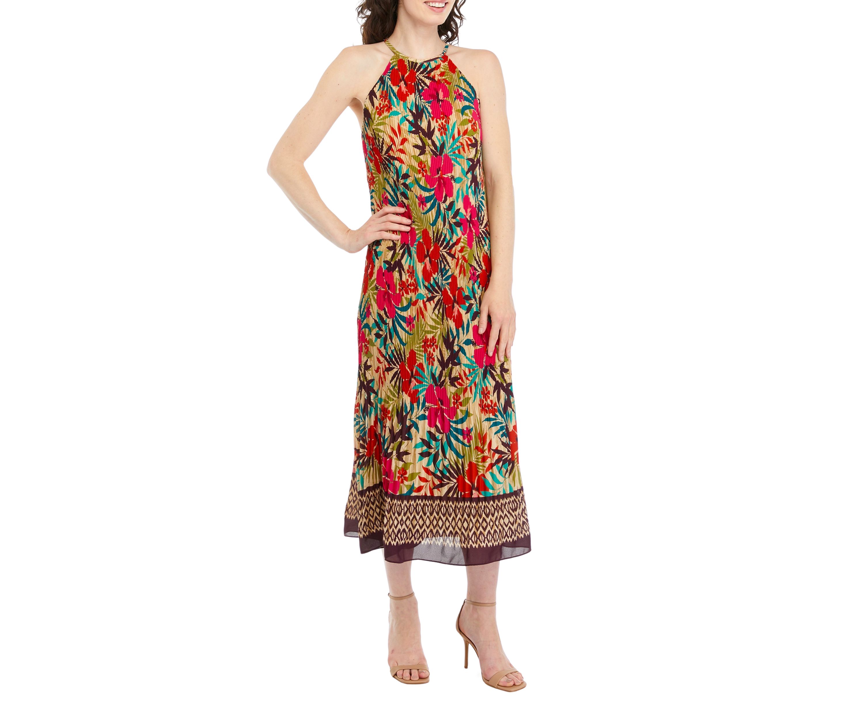 Womens Sleeveless Tropical Print Chiffon Midi Dress