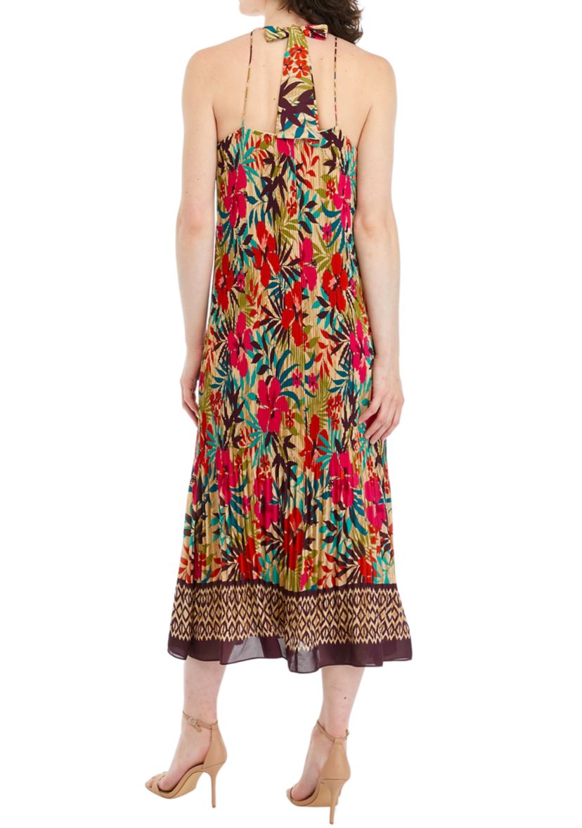 Womens Sleeveless Tropical Print Chiffon Midi Dress