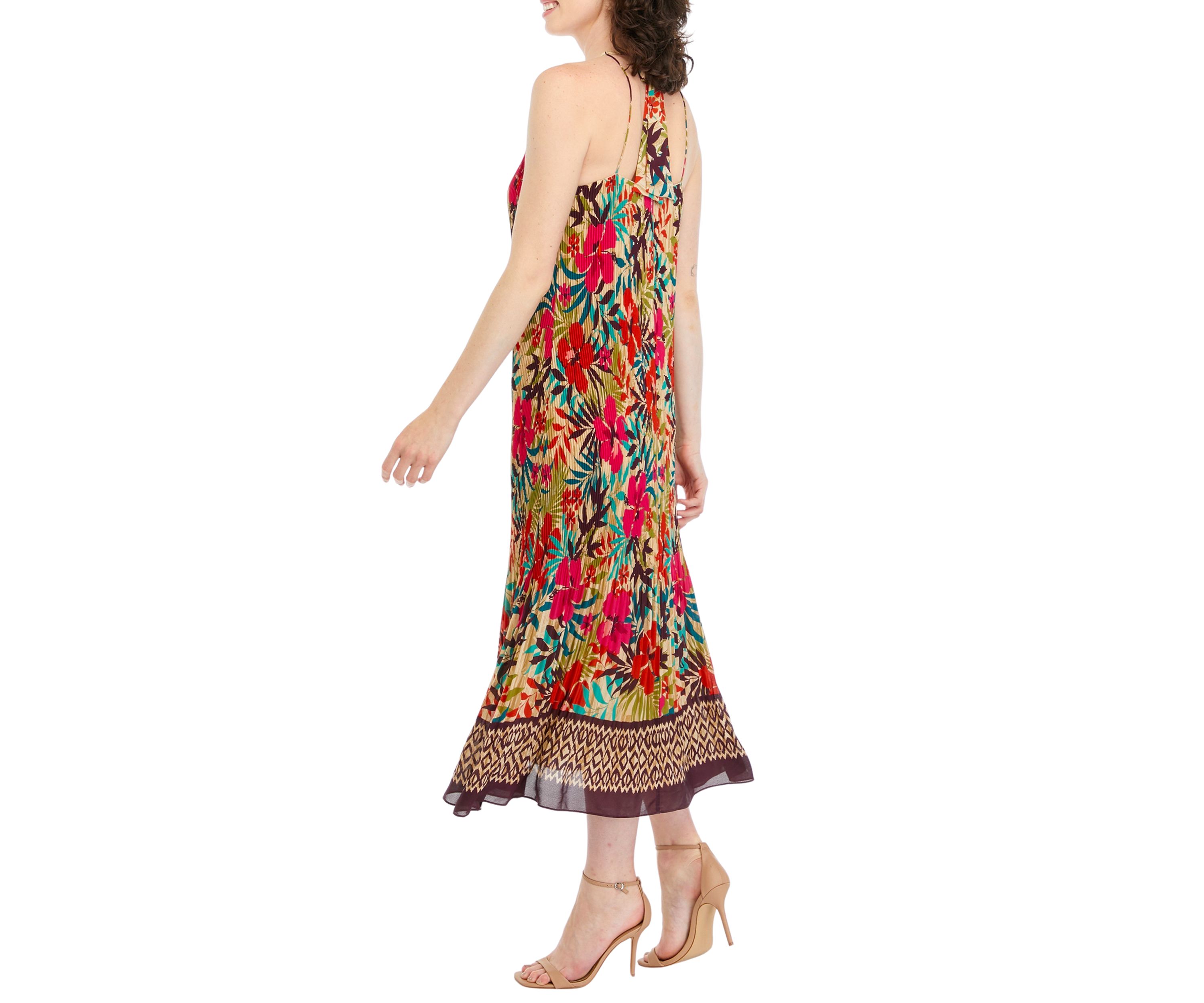 Womens Sleeveless Tropical Print Chiffon Midi Dress