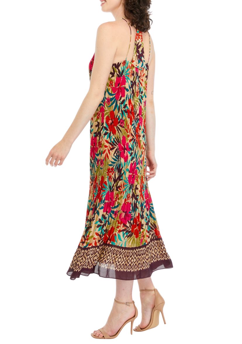 Womens Sleeveless Tropical Print Chiffon Midi Dress