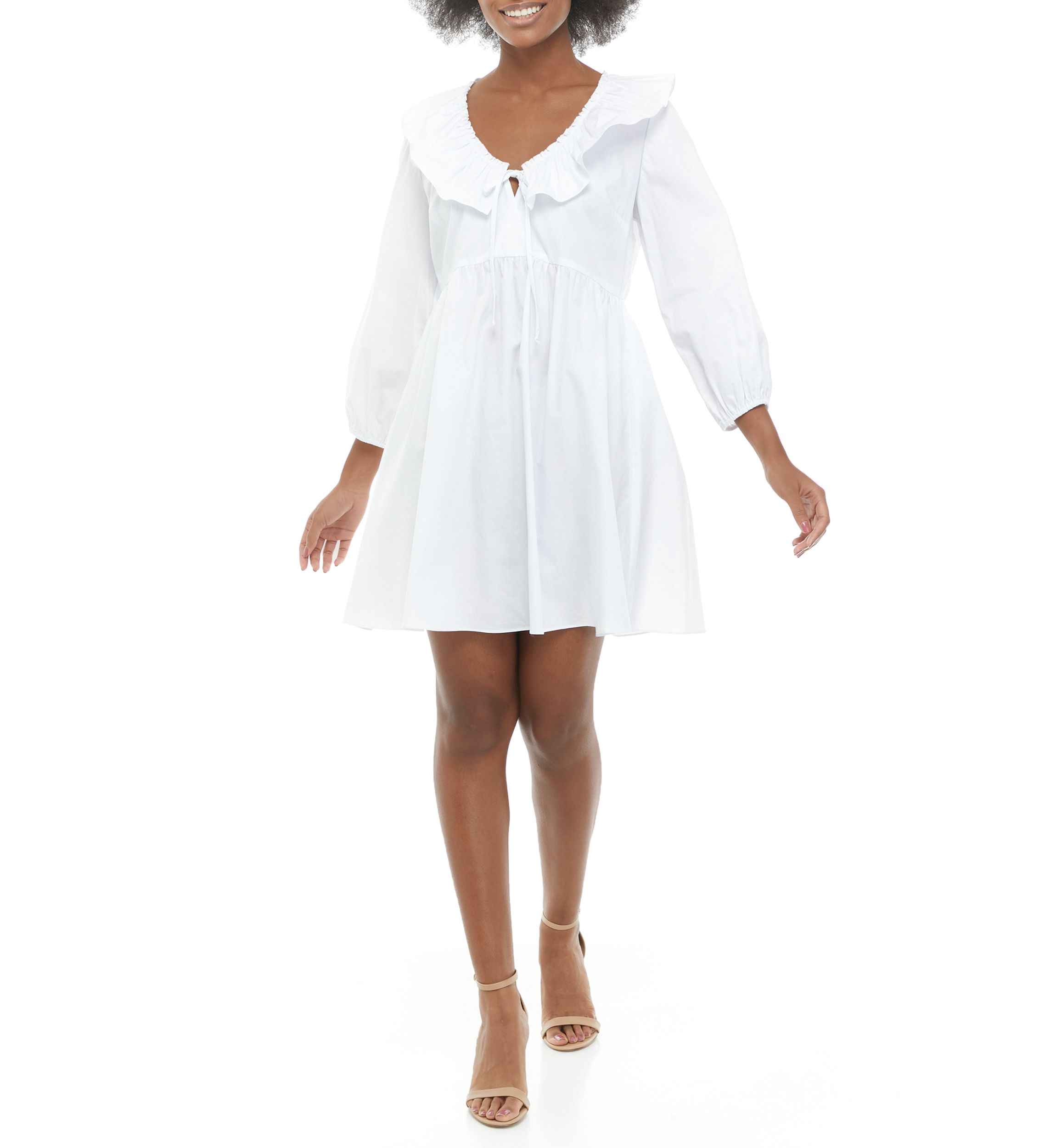 Womens 3/4 Sleeve Ruffle Cotton Babydoll Dress