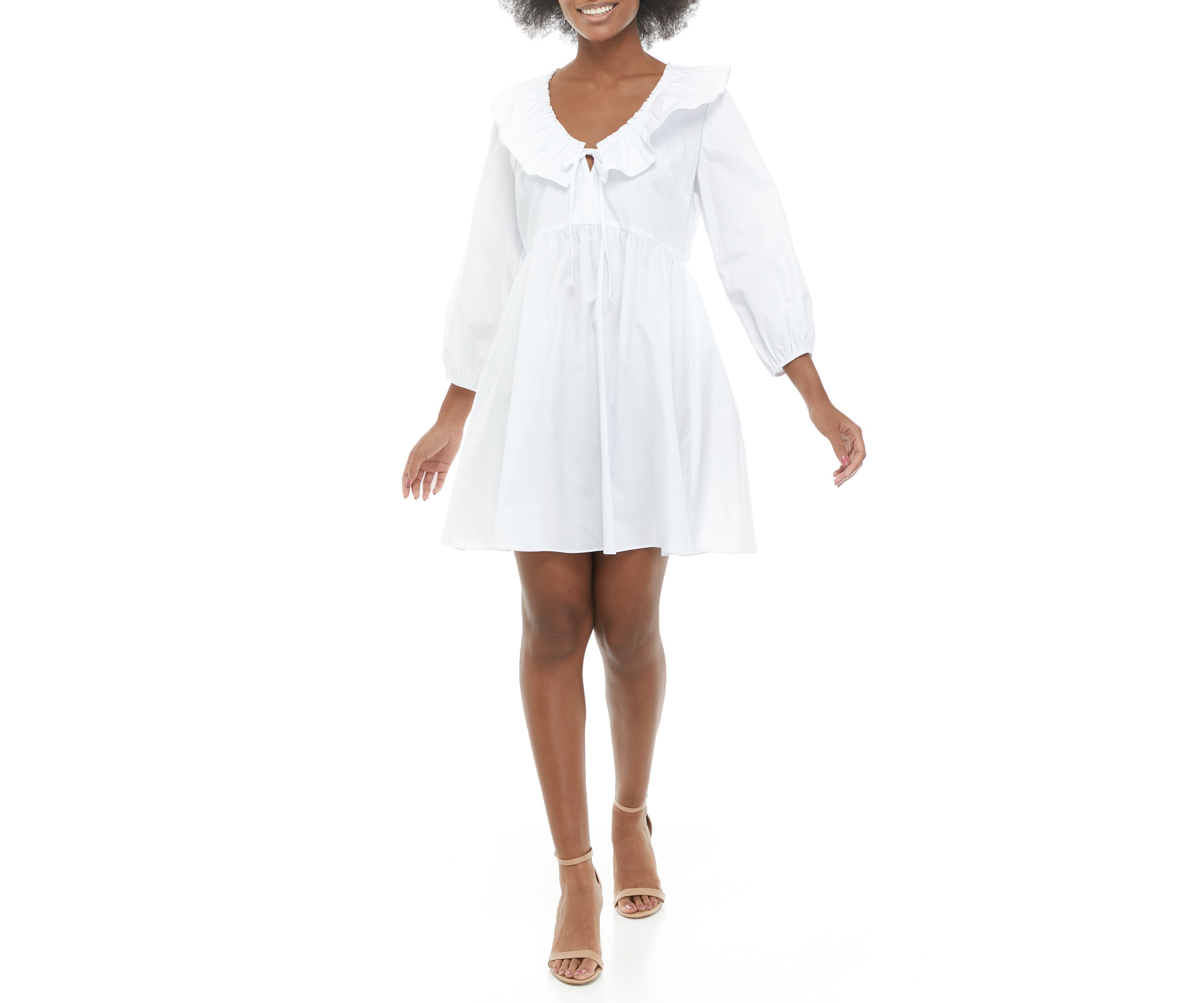 Womens 3/4 Sleeve Ruffle Cotton Babydoll Dress