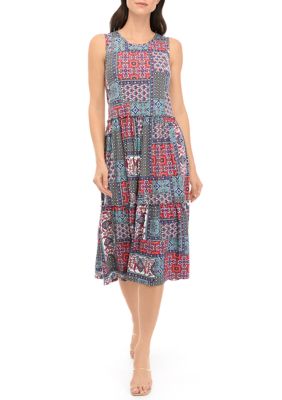 Emma & Michelle Women's Sleeveless Tiered Scarf Print Jersey Midi Dress ...