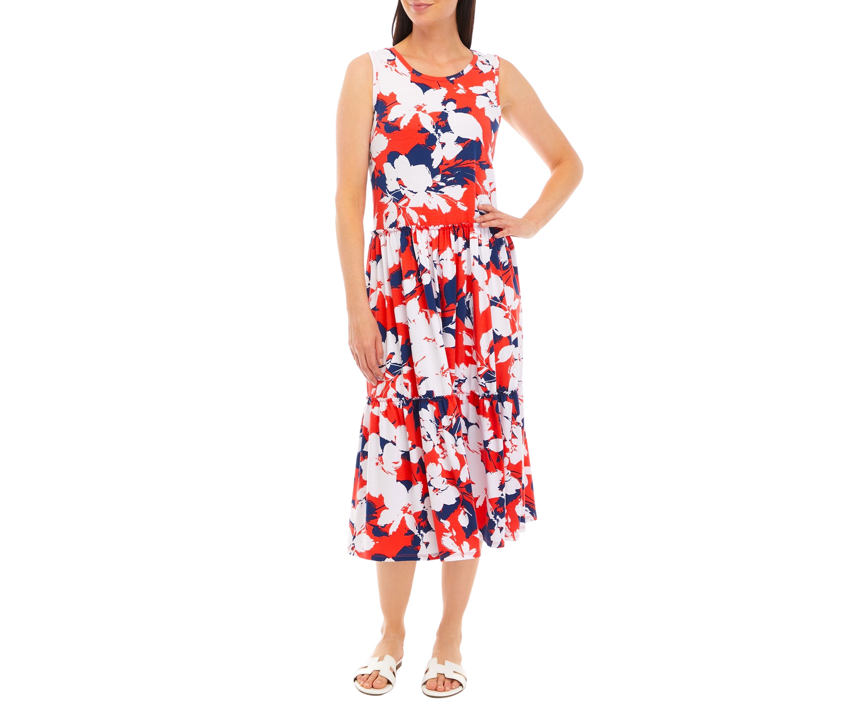 Womens Sleeveless Printed Tiered Midi Dress