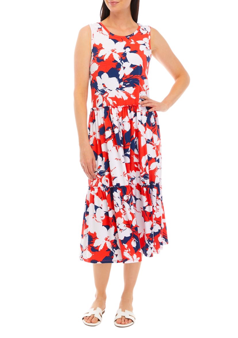 Womens Sleeveless Printed Tiered Midi Dress