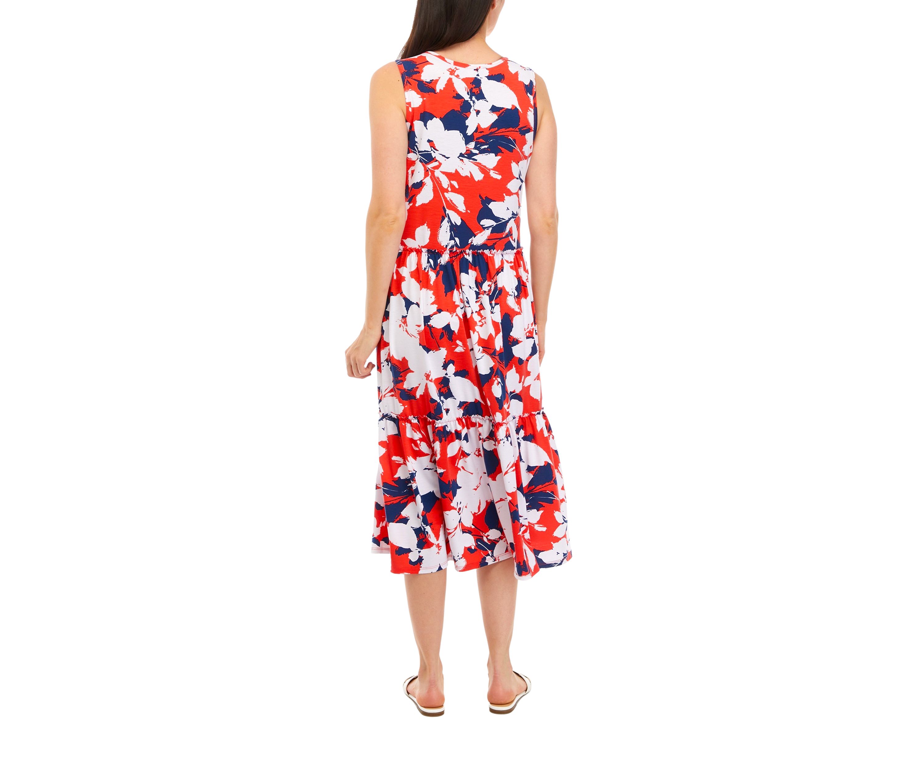 Womens Sleeveless Printed Tiered Midi Dress
