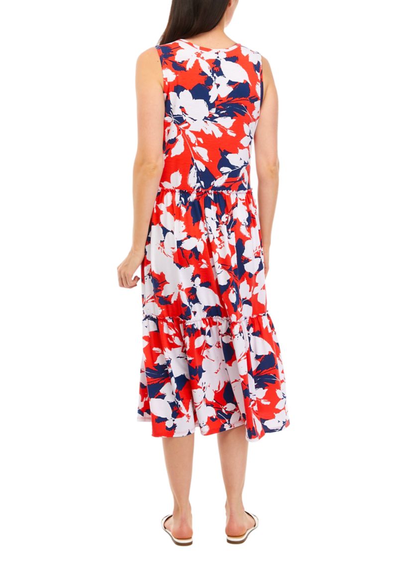 Womens Sleeveless Printed Tiered Midi Dress