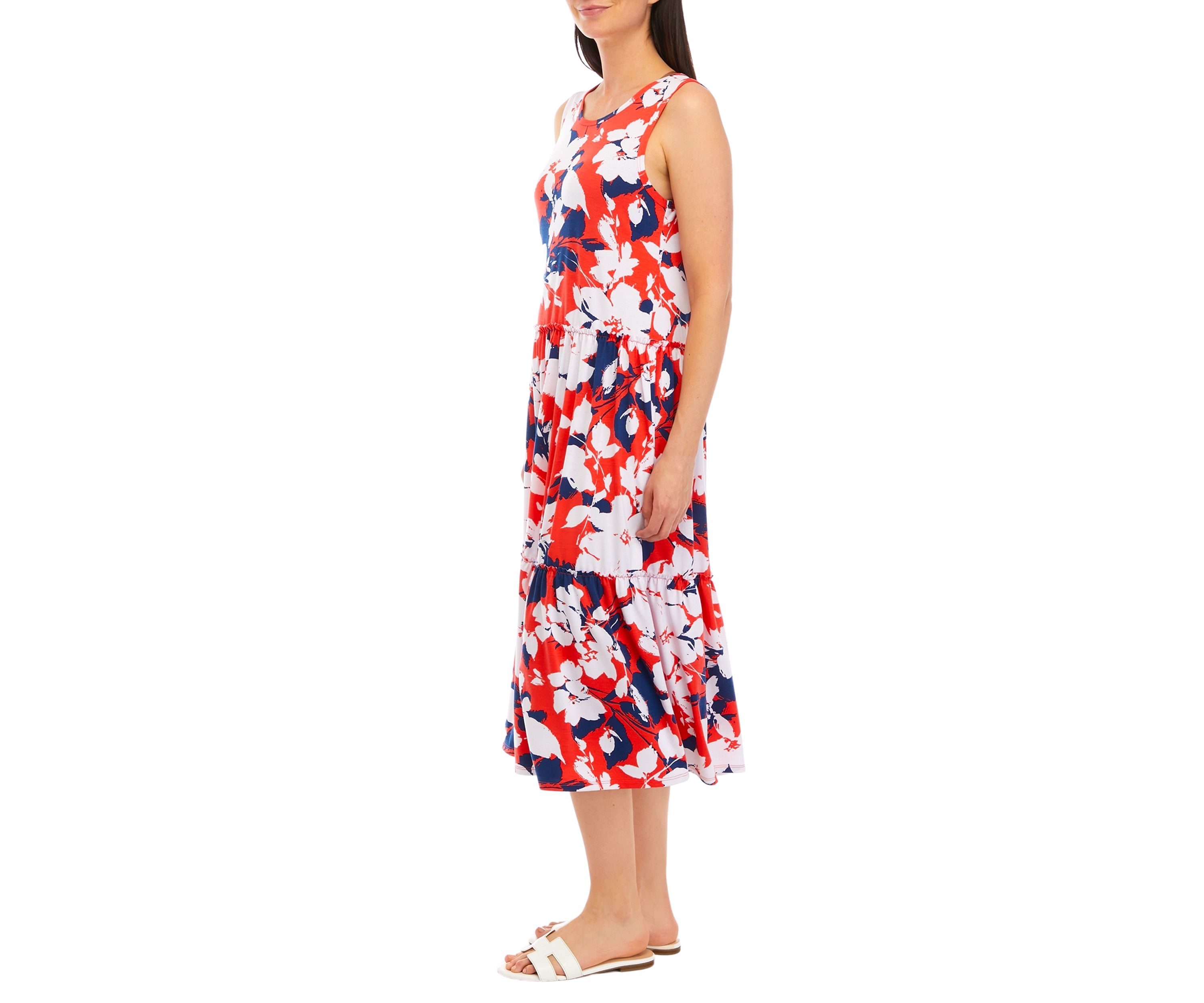 Womens Sleeveless Printed Tiered Midi Dress