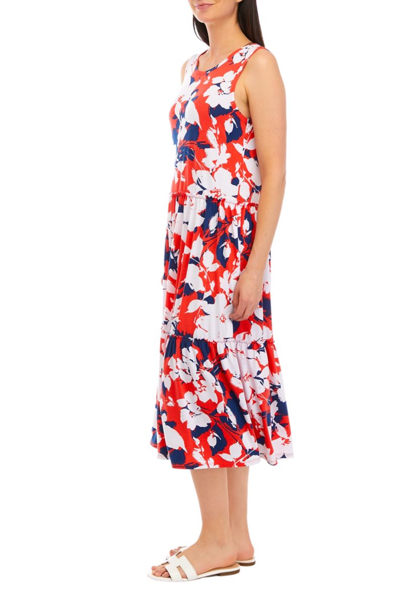 Womens Sleeveless Printed Tiered Midi Dress