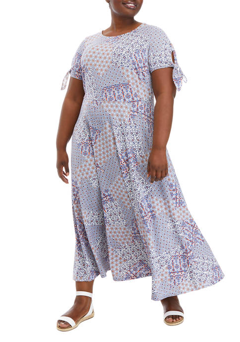 Plus Size Split Sleeve Geometric Print Maxi Dress
