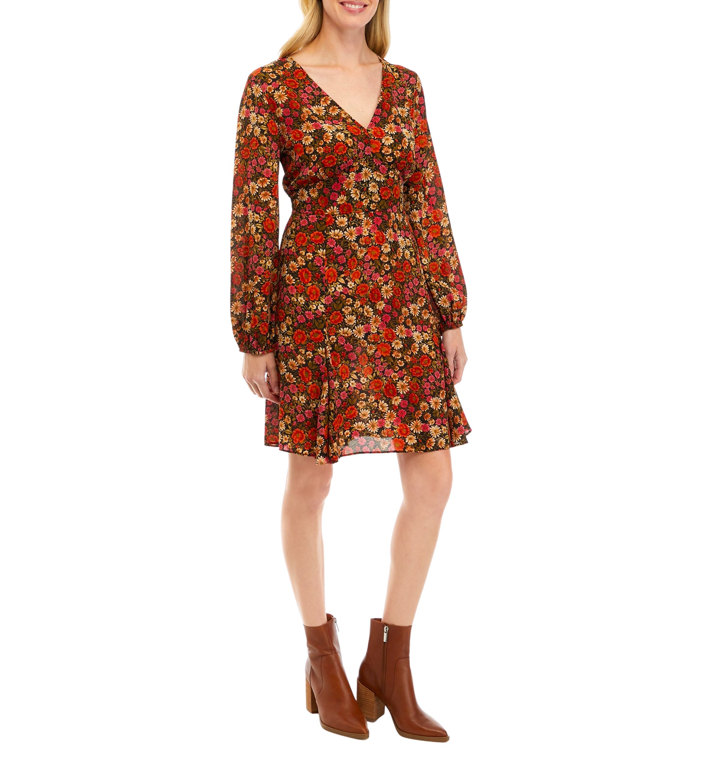 Womens Long Sleeve Mini Floral A-Line Dress