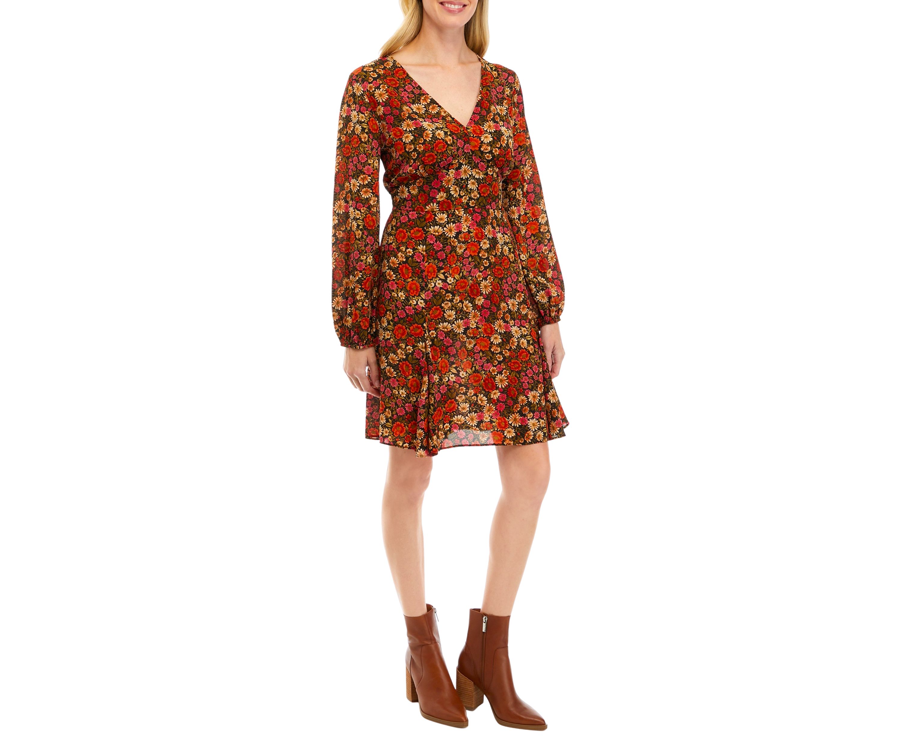 Womens Long Sleeve Mini Floral A-Line Dress