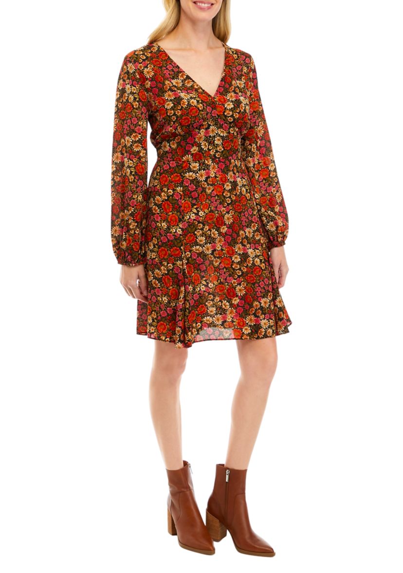 Womens Long Sleeve Mini Floral A-Line Dress
