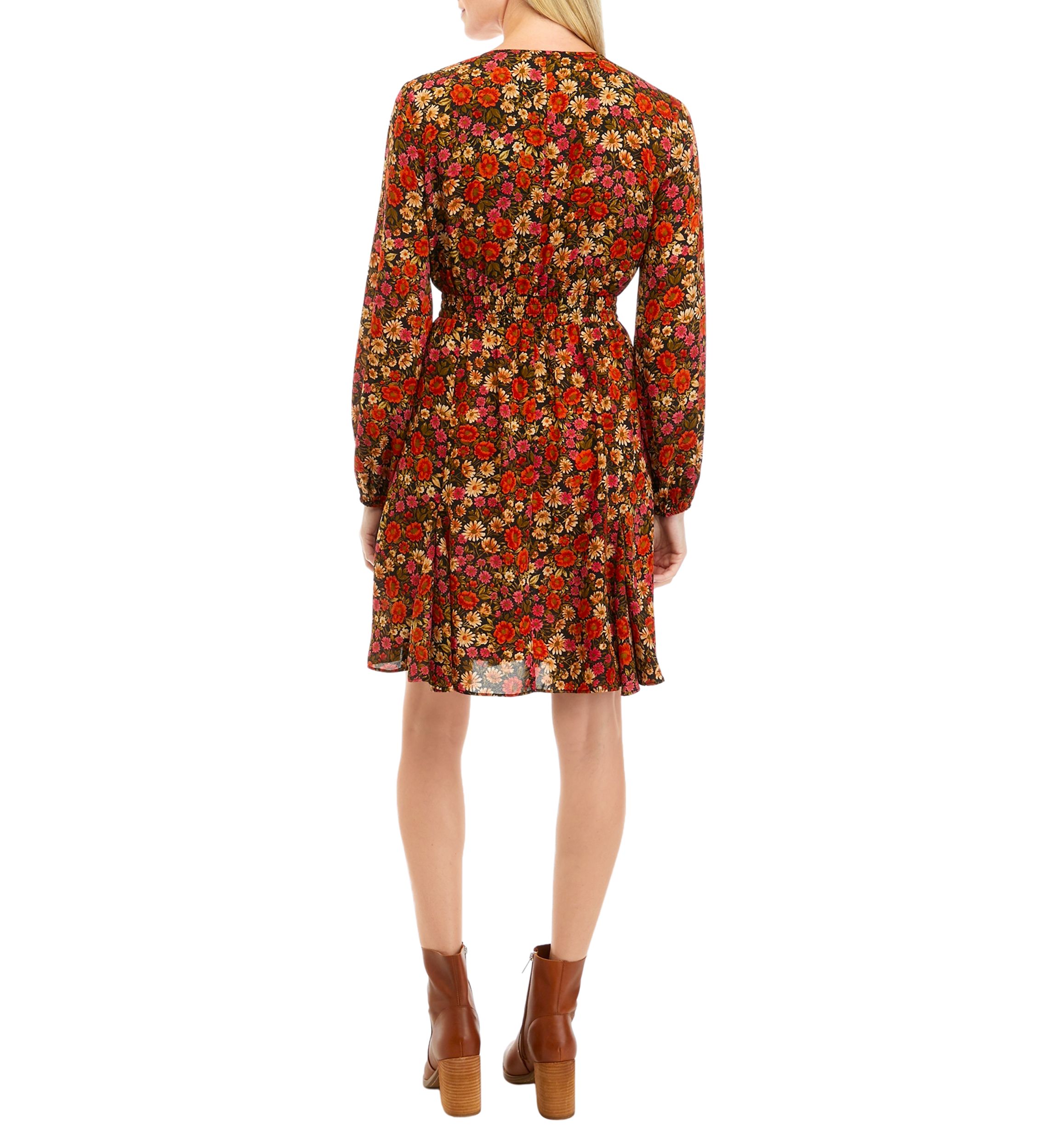 Womens Long Sleeve Mini Floral A-Line Dress