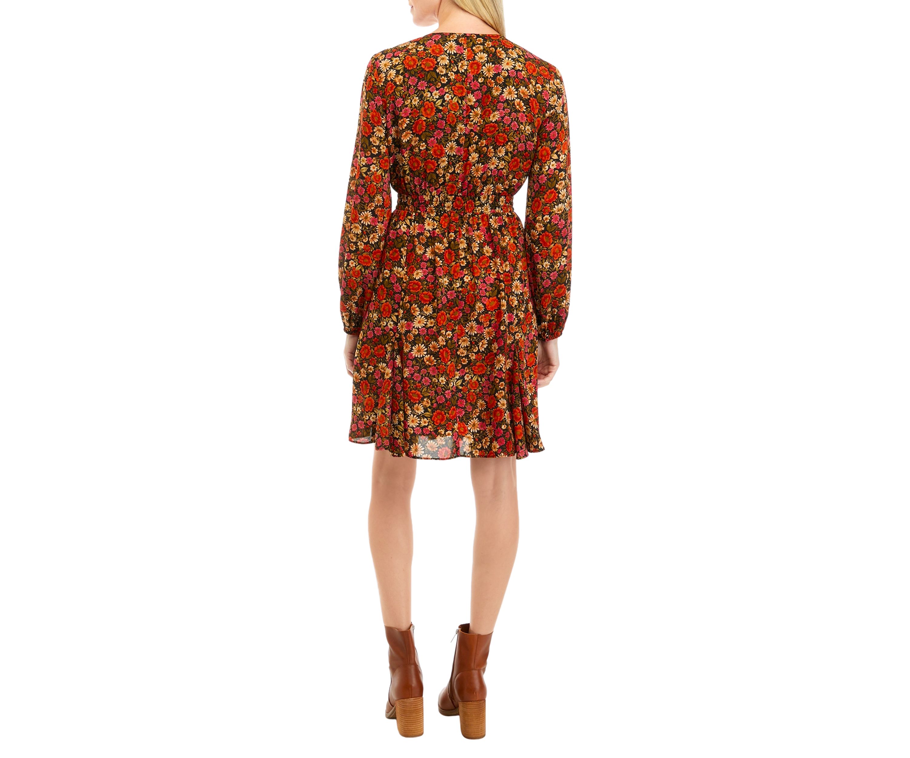 Womens Long Sleeve Mini Floral A-Line Dress