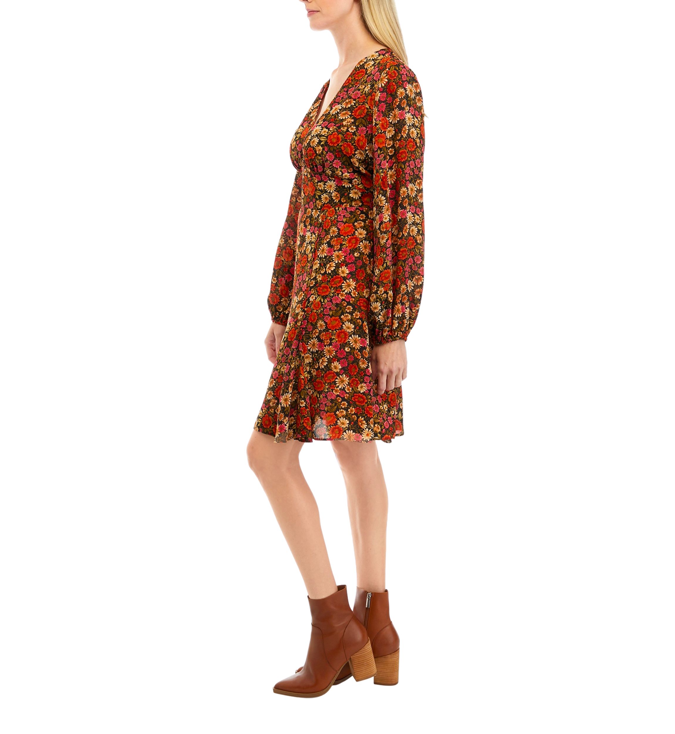 Womens Long Sleeve Mini Floral A-Line Dress