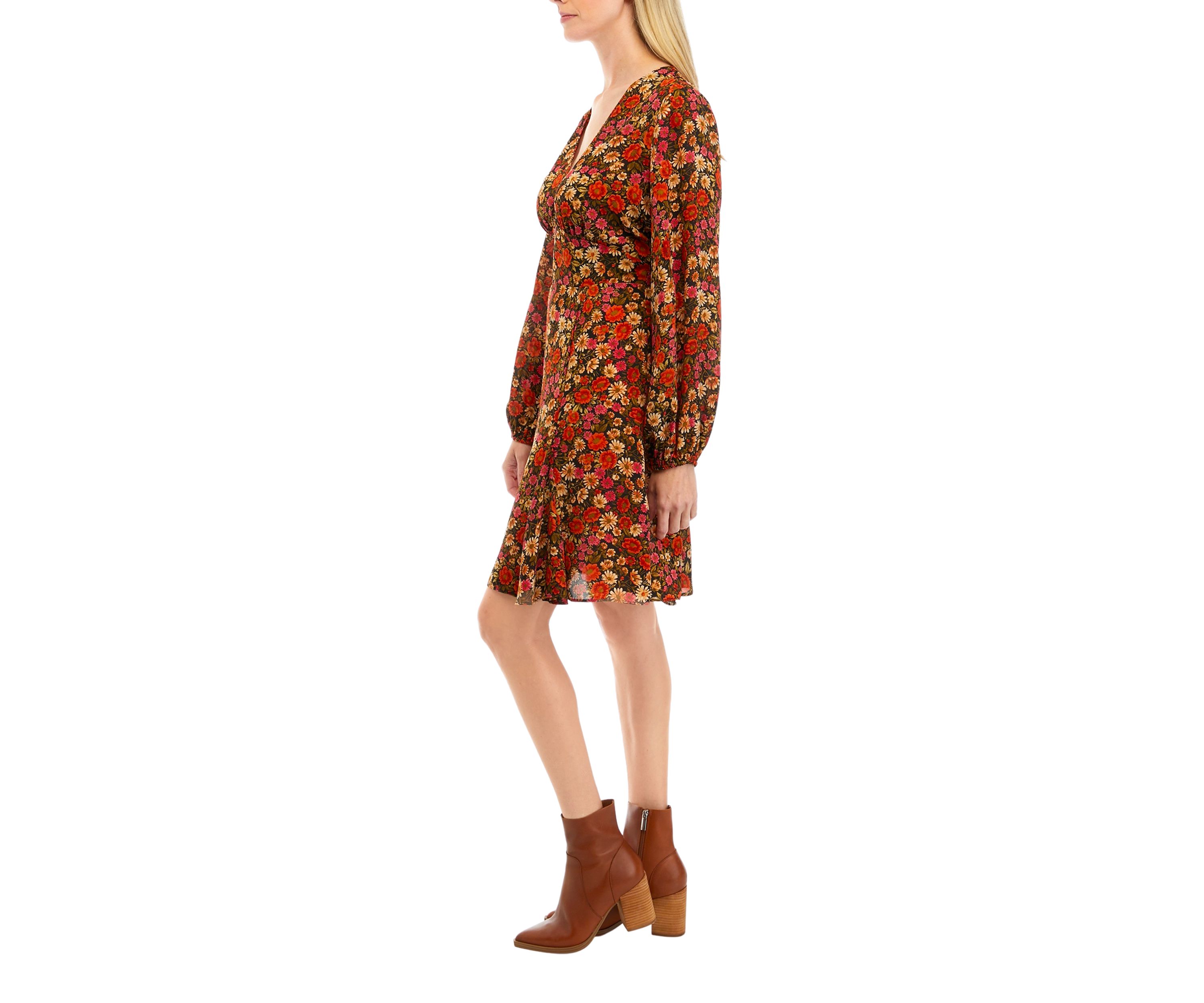 Womens Long Sleeve Mini Floral A-Line Dress