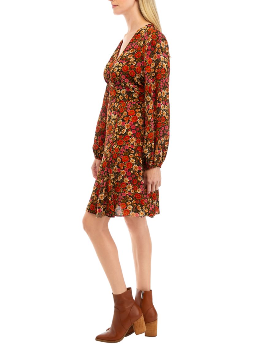 Womens Long Sleeve Mini Floral A-Line Dress