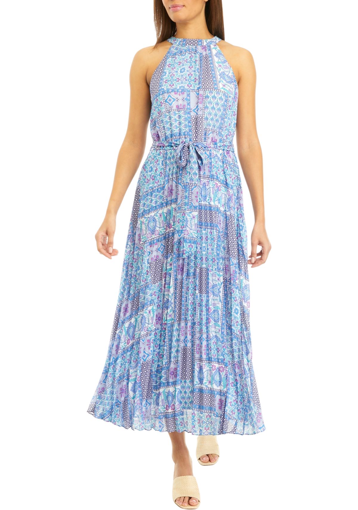 Womens Sleeveless Halter Patch Print Tie Waist Midi Dress