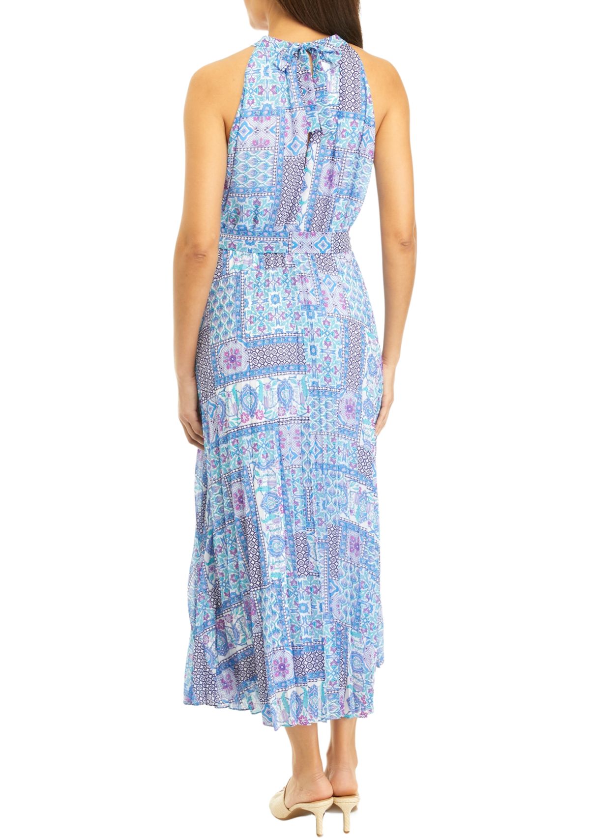Womens Sleeveless Halter Patch Print Tie Waist Midi Dress