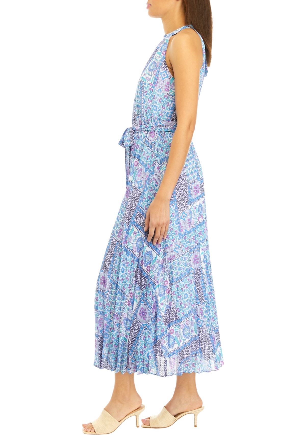 Womens Sleeveless Halter Patch Print Tie Waist Midi Dress