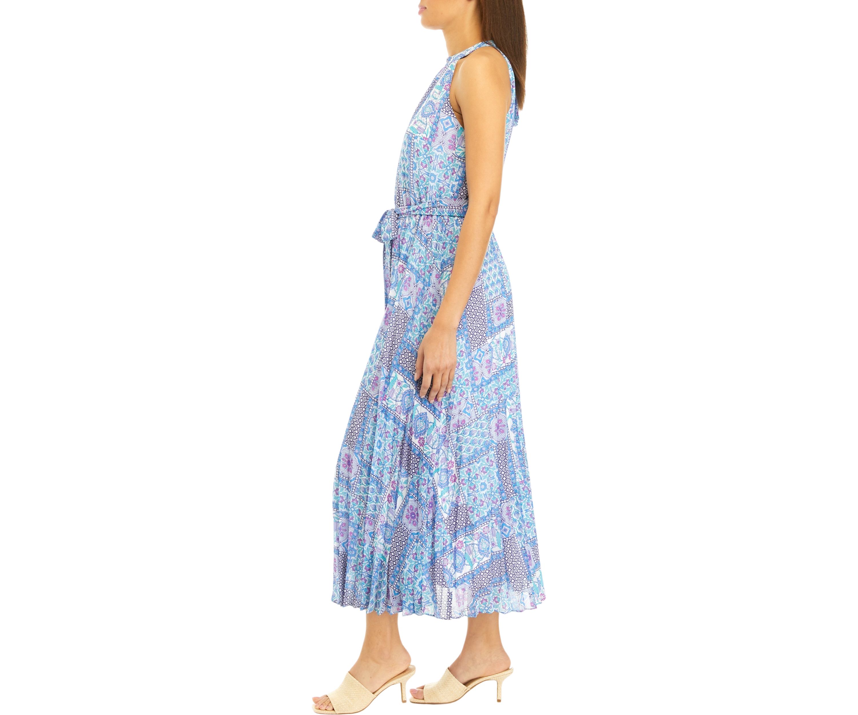 Womens Sleeveless Halter Patch Print Tie Waist Midi Dress