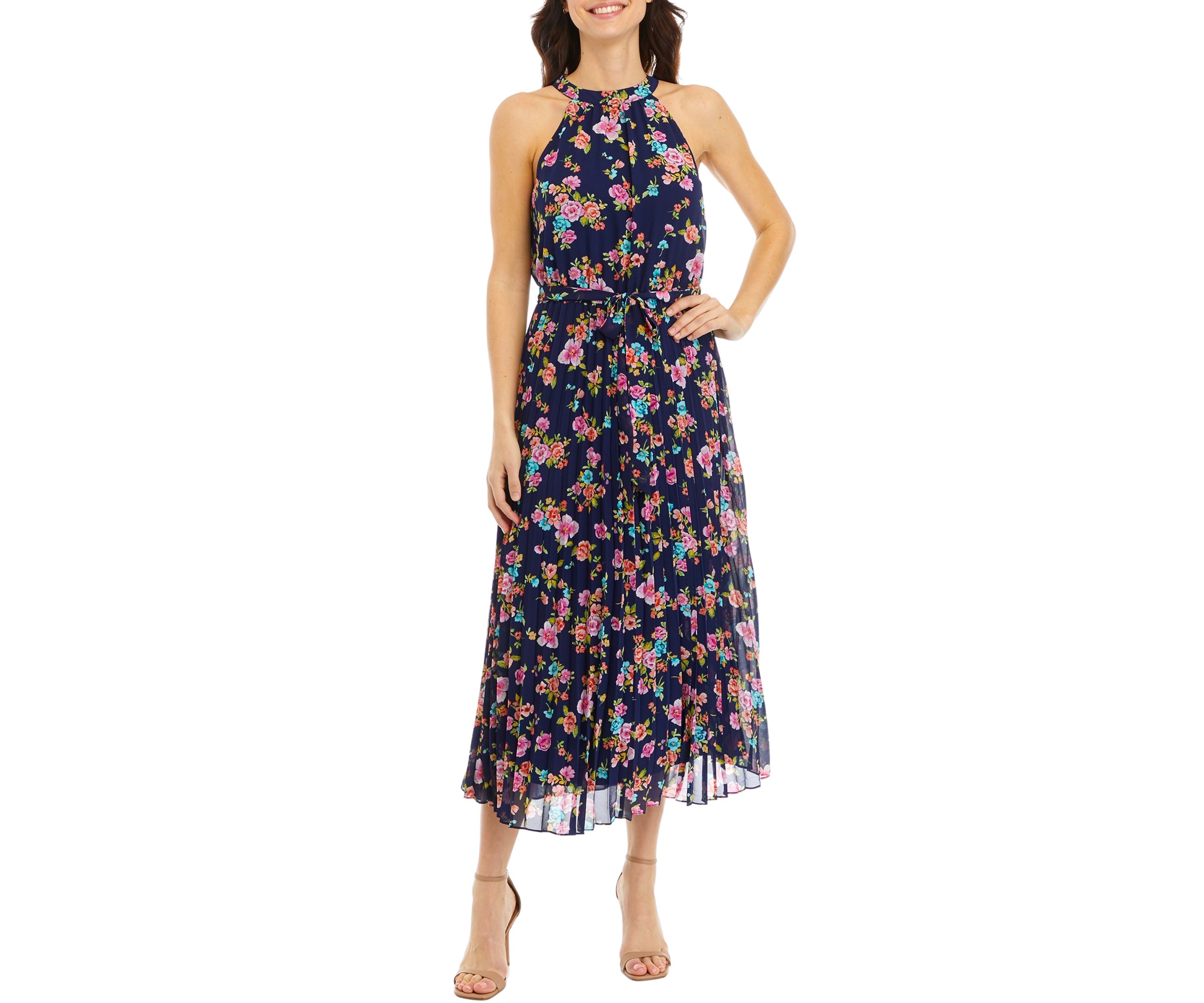 Womens Printed Sleeveless Halter Midi Dress