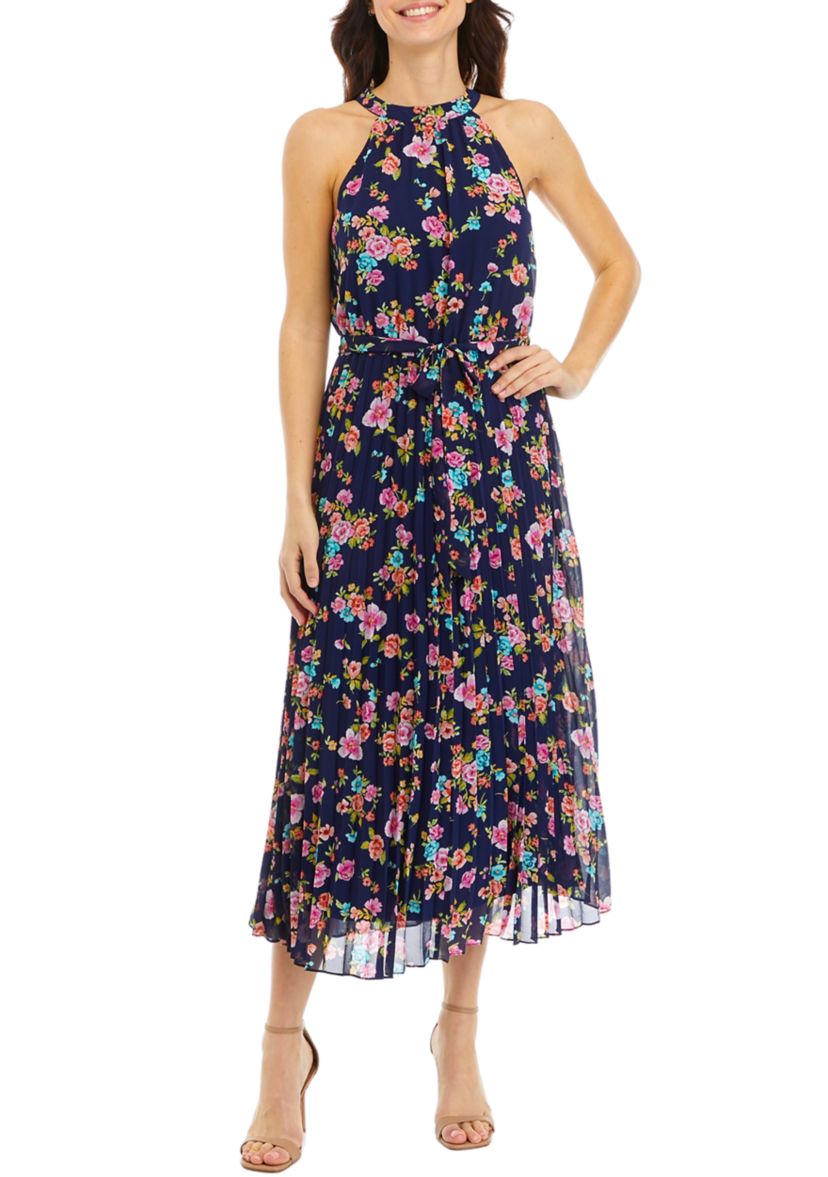 Womens Printed Sleeveless Halter Midi Dress