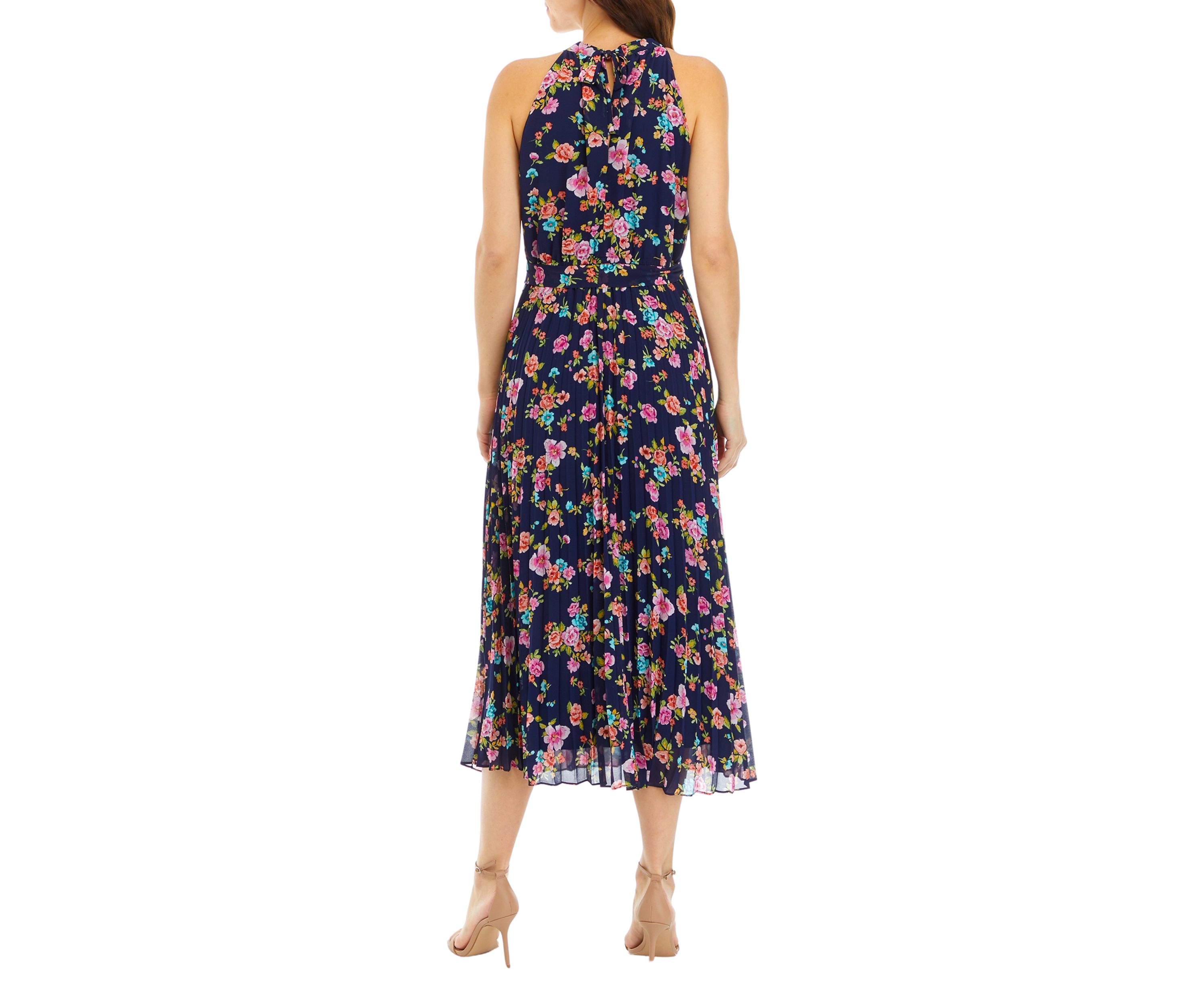 Womens Printed Sleeveless Halter Midi Dress