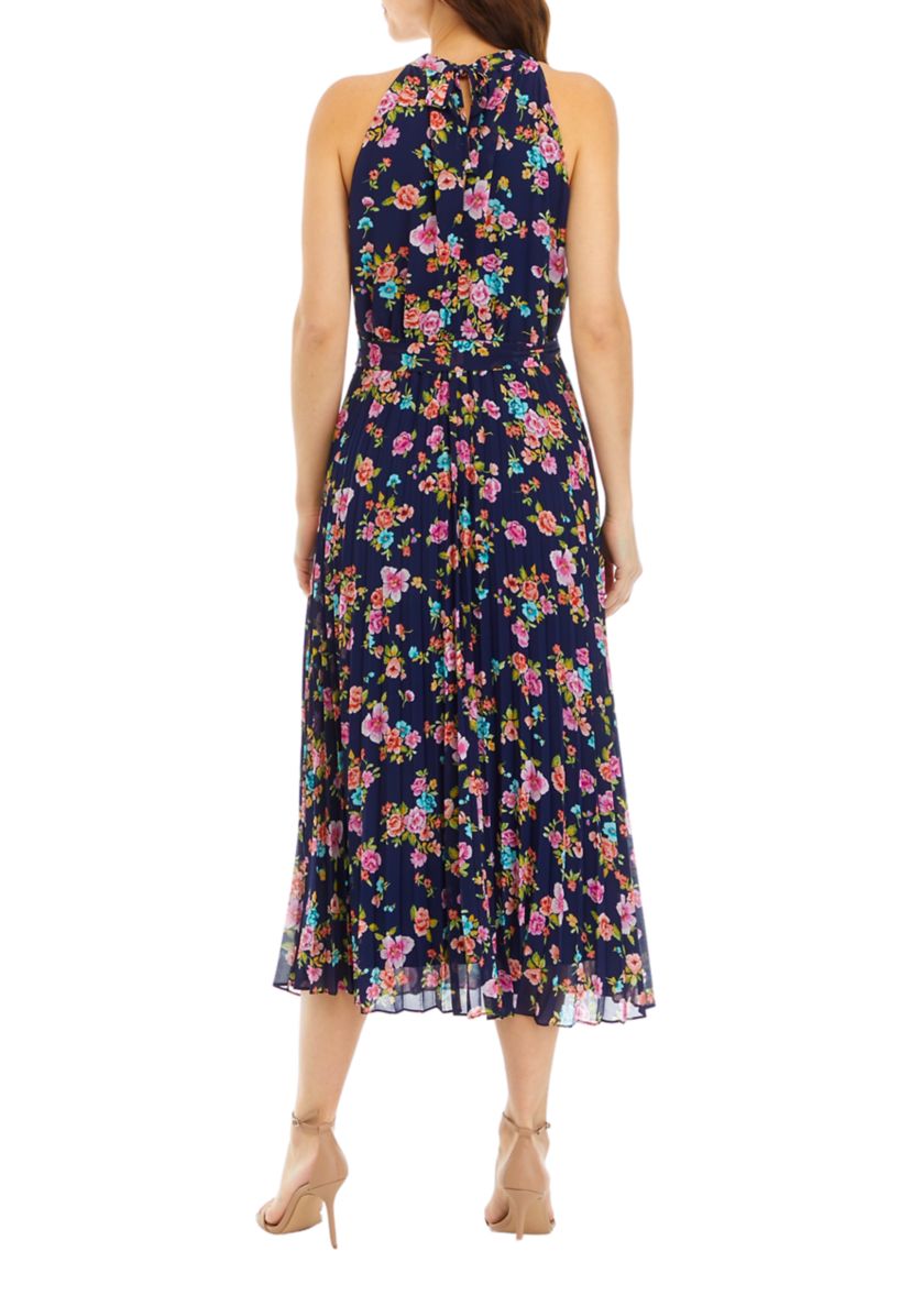 Womens Printed Sleeveless Halter Midi Dress