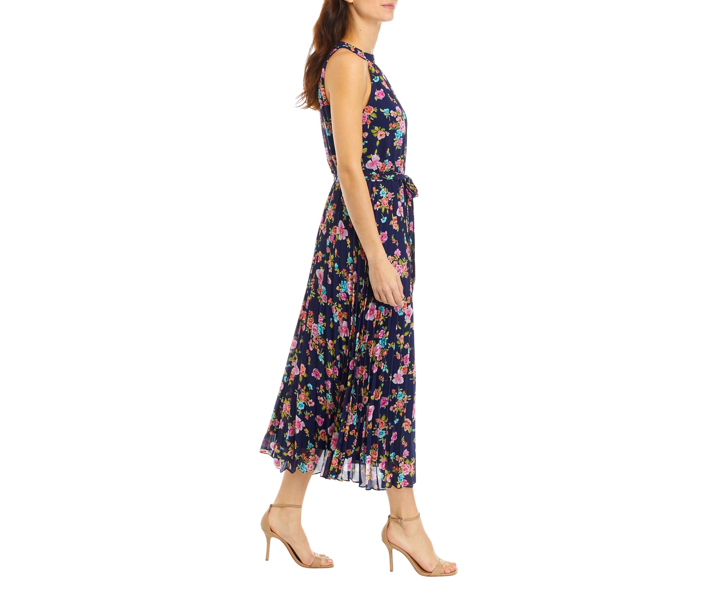 Womens Printed Sleeveless Halter Midi Dress