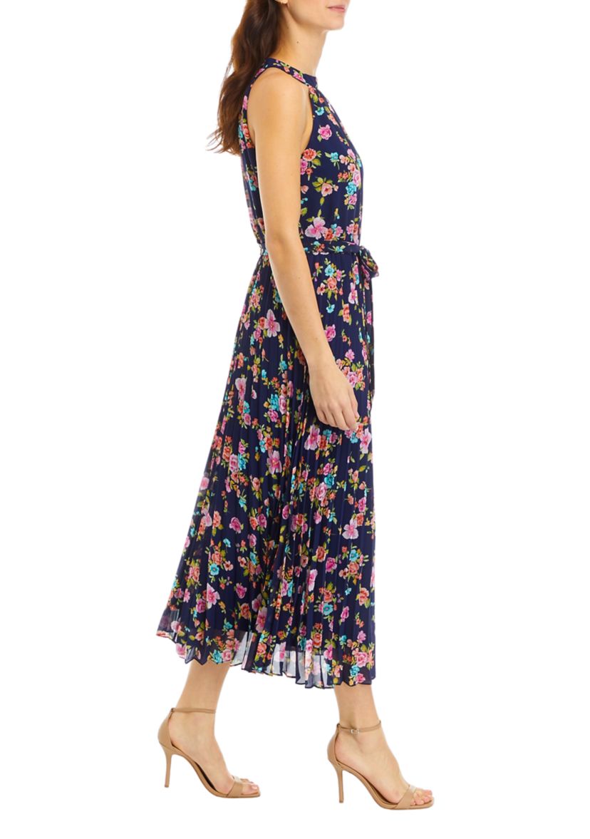 Womens Printed Sleeveless Halter Midi Dress