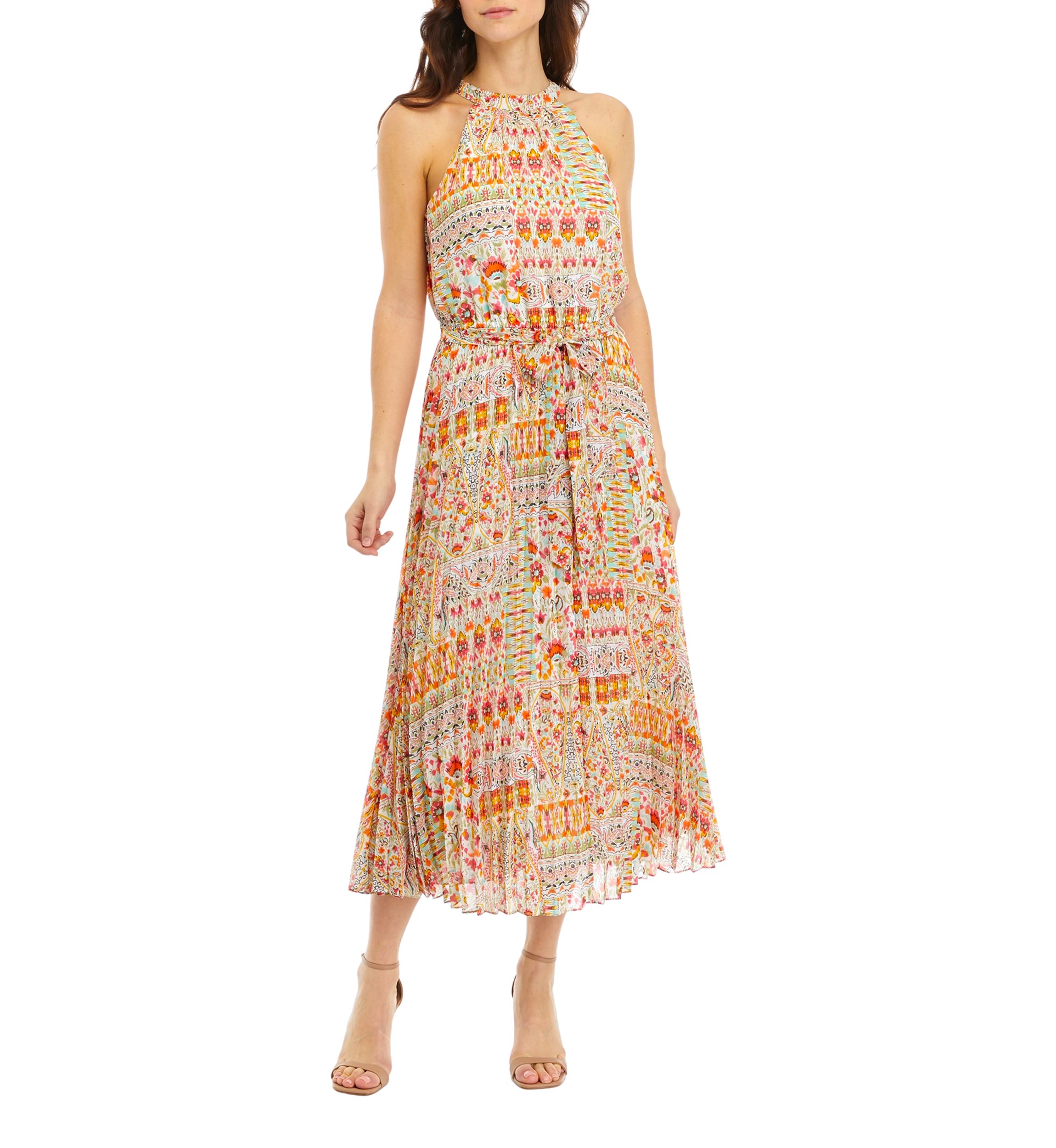 Womens Printed Sleeveless Halter Maxi Dress