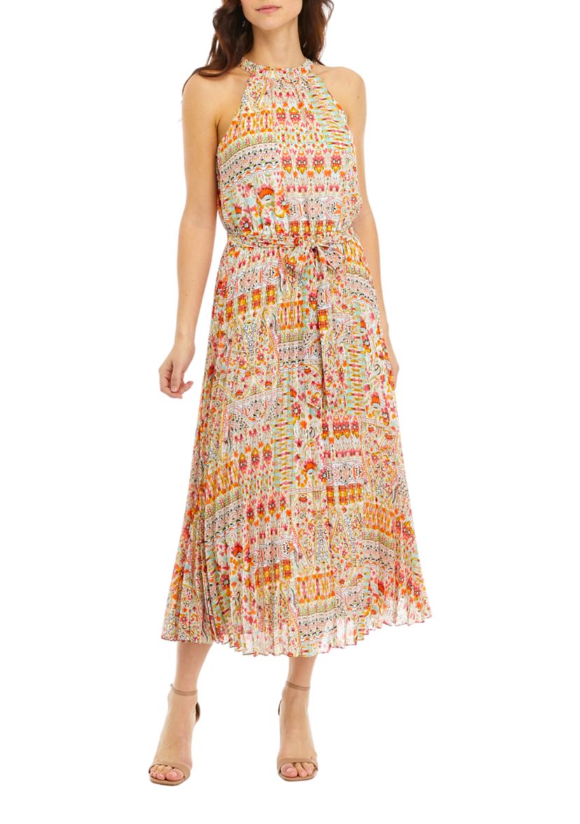 Womens Printed Sleeveless Halter Maxi Dress