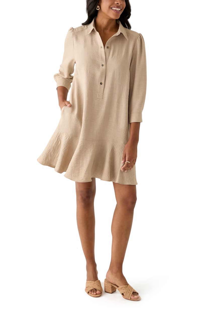 Womens 3/4 Sleeve Collar Neck Solid A-Line Dress