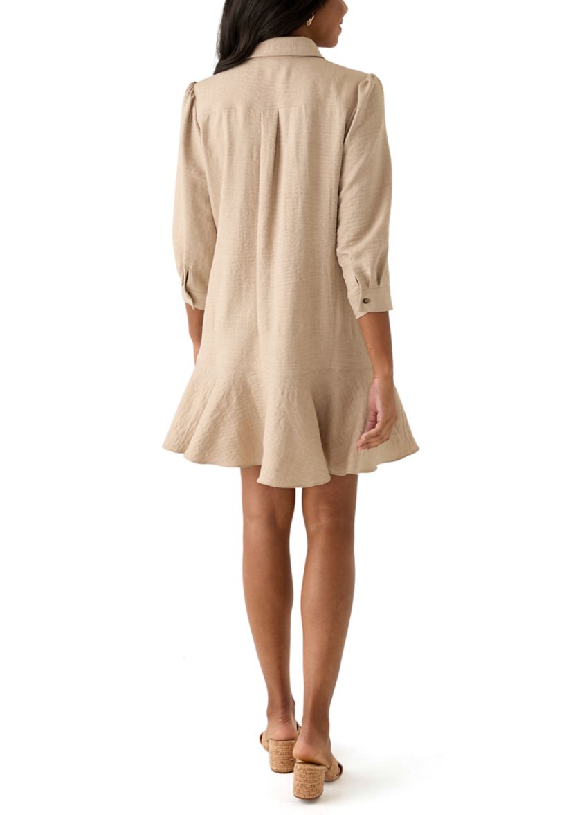 Womens 3/4 Sleeve Collar Neck Solid A-Line Dress