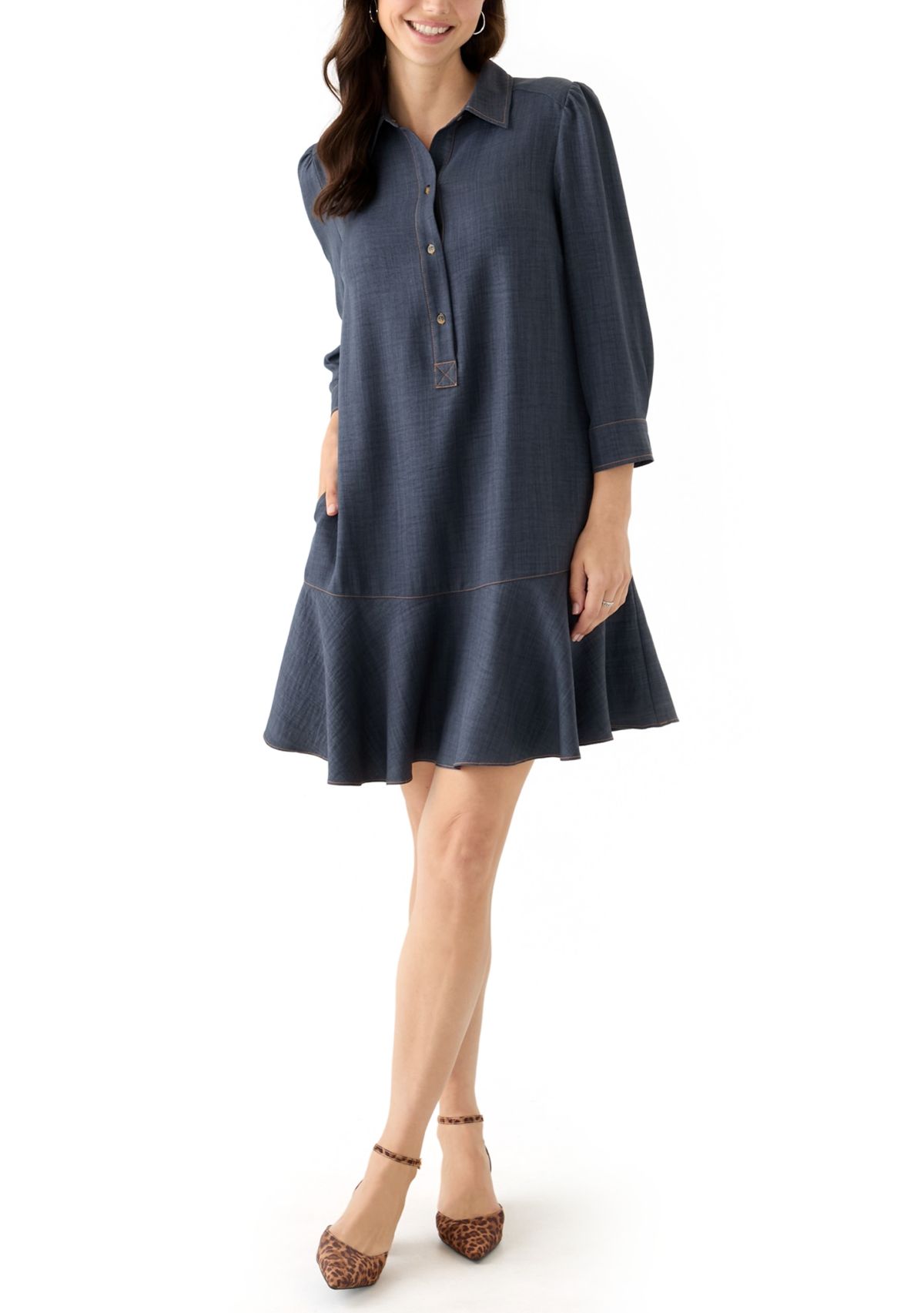 Womens 3/4 Sleeve Collar Neck Solid A-Line Dress