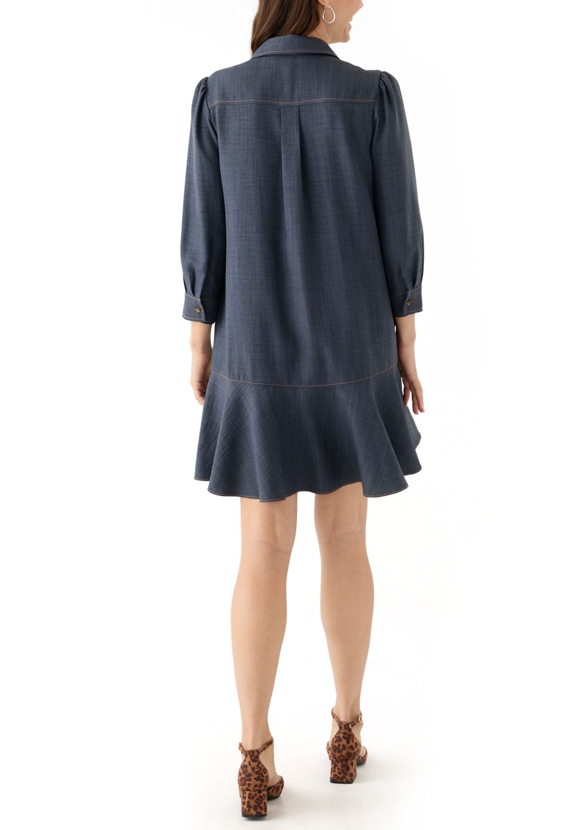 Womens 3/4 Sleeve Collar Neck Solid A-Line Dress