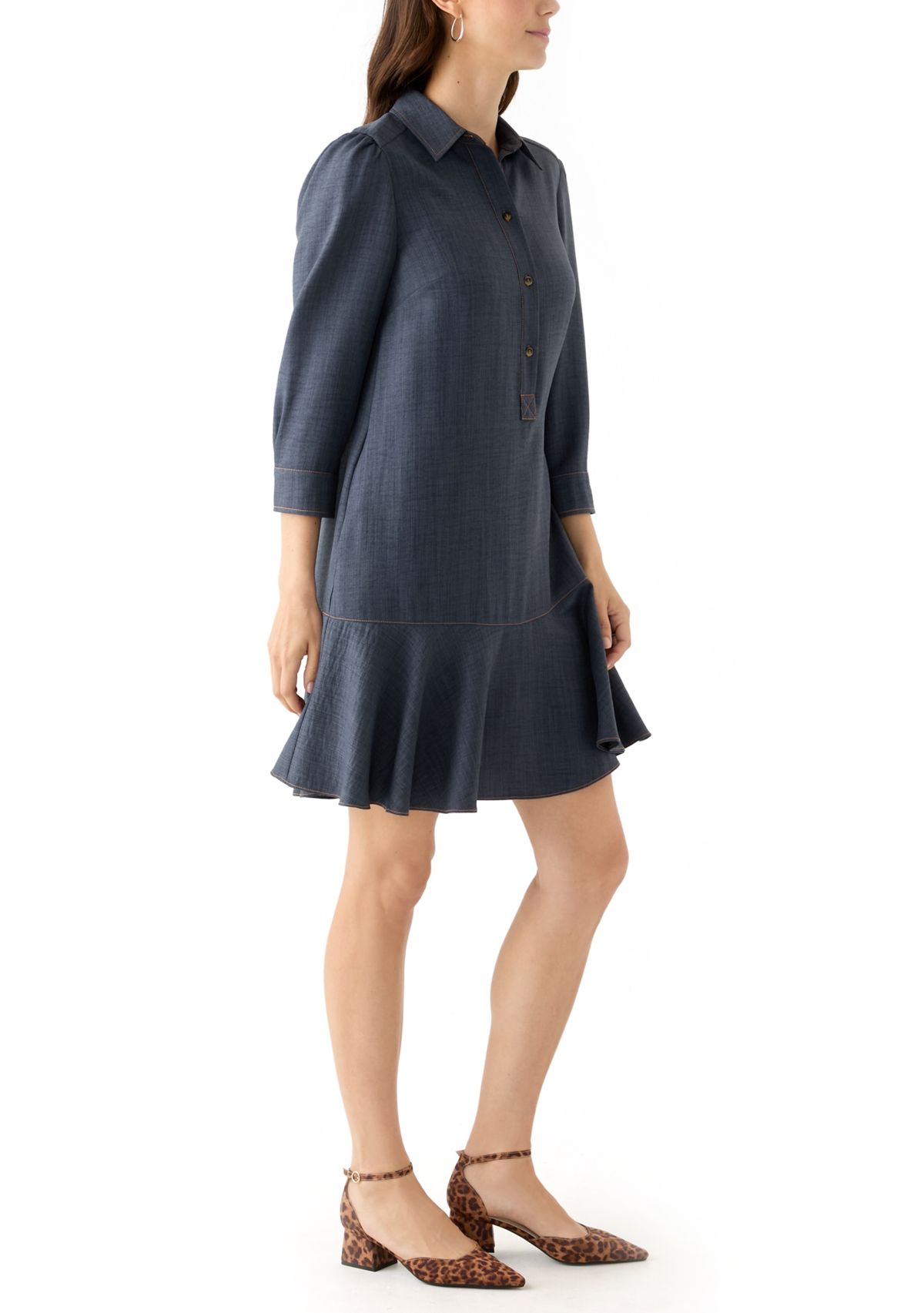 Womens 3/4 Sleeve Collar Neck Solid A-Line Dress