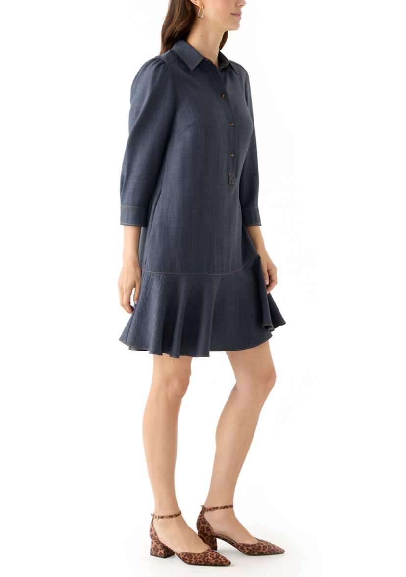 Womens 3/4 Sleeve Collar Neck Solid A-Line Dress