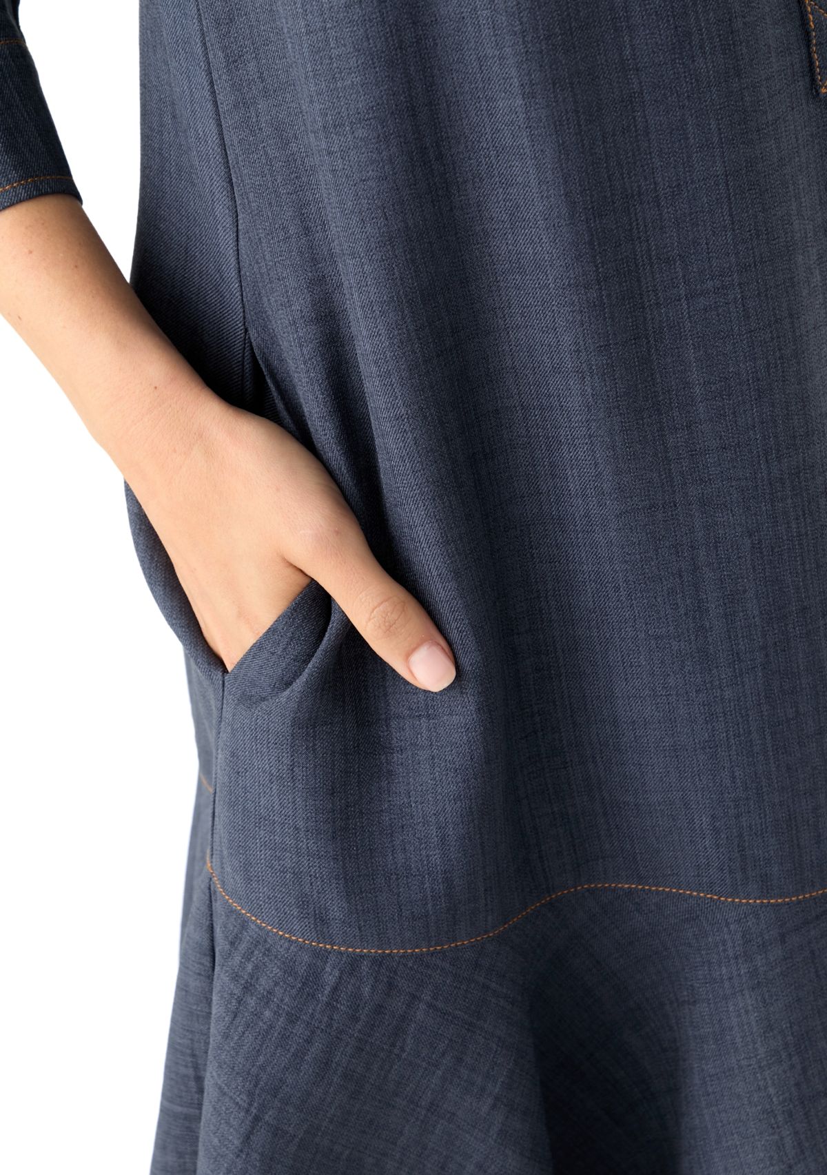 Womens 3/4 Sleeve Collar Neck Solid A-Line Dress