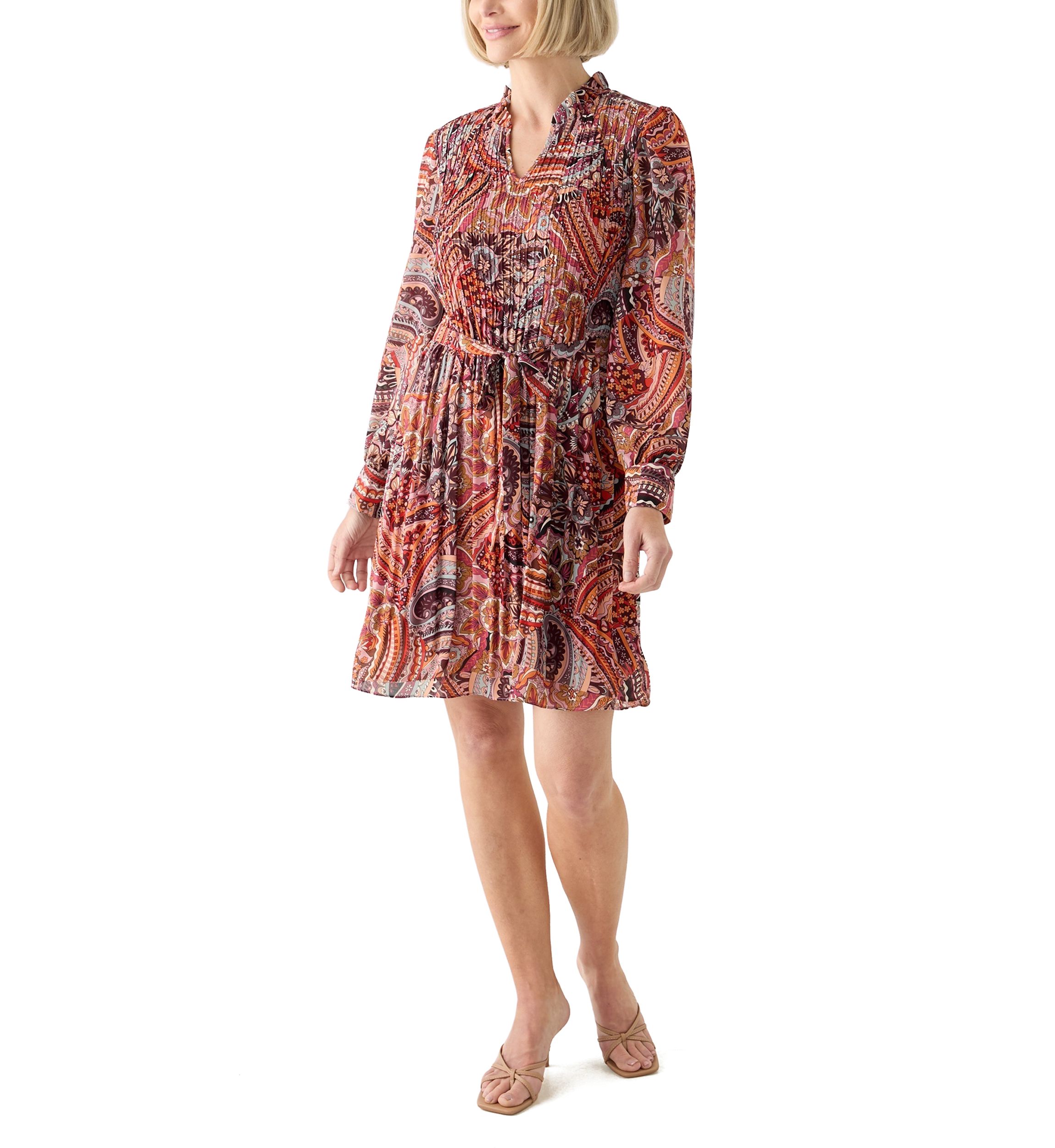 Womens Blouson Sleeve Printed Ruffle Collar Dress