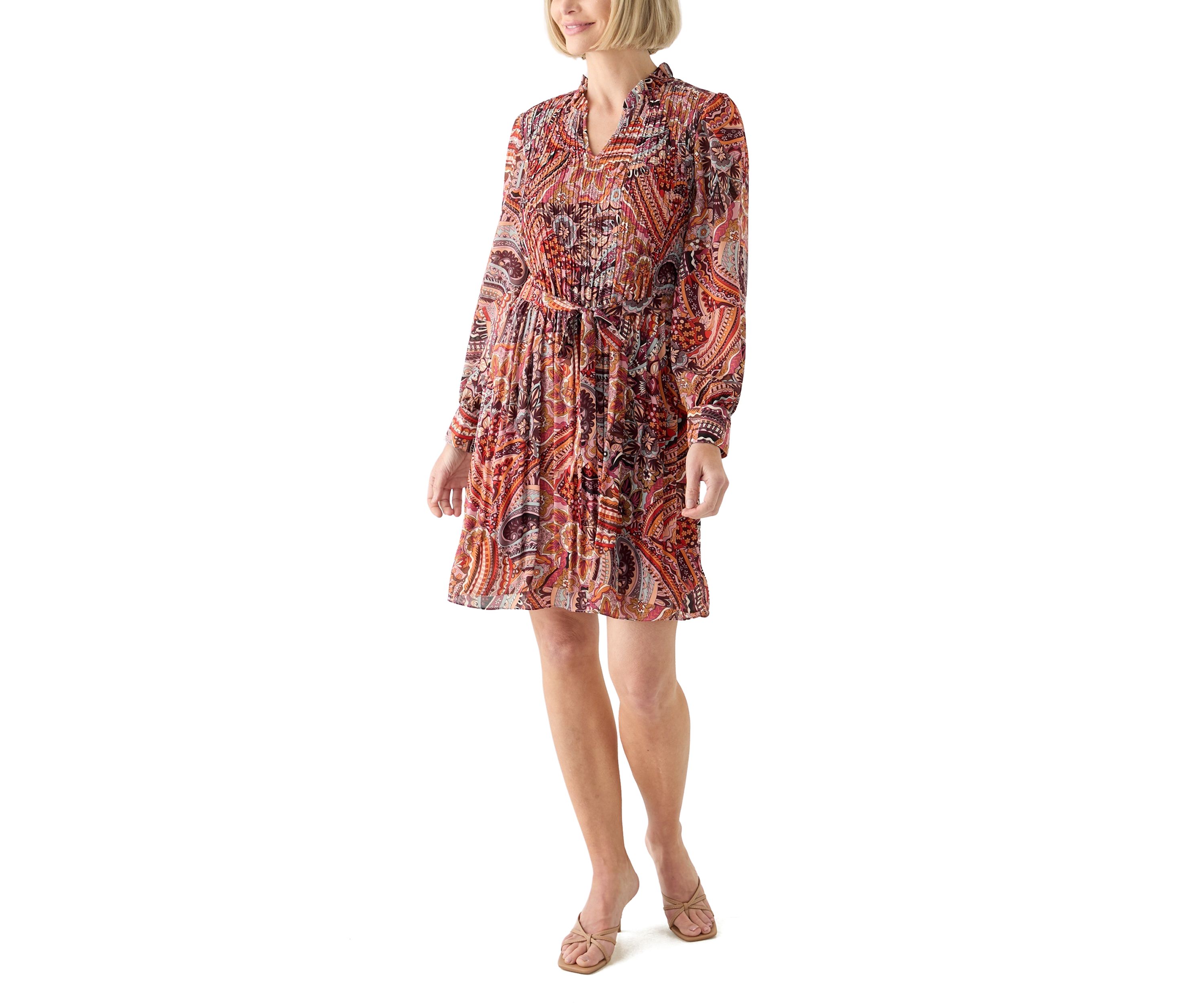 Womens Blouson Sleeve Printed Ruffle Collar Dress