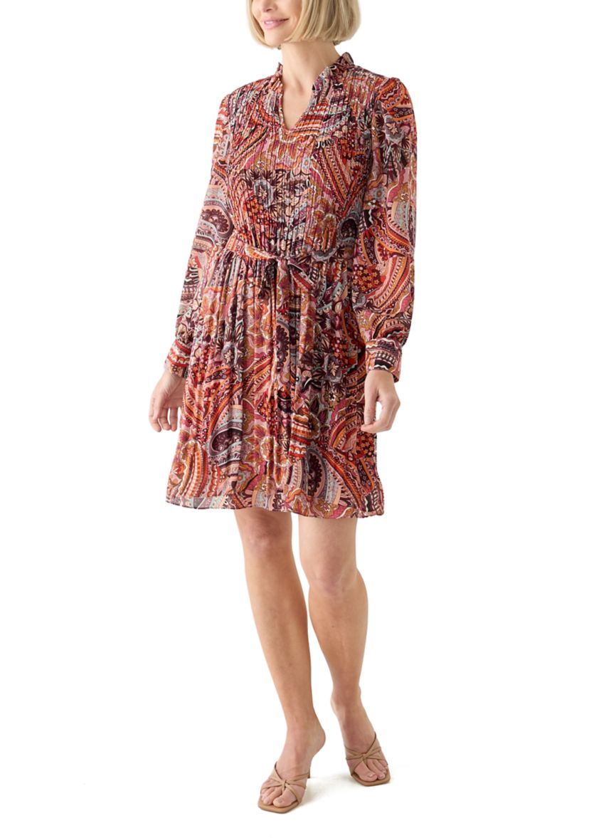 Womens Blouson Sleeve Printed Ruffle Collar Dress