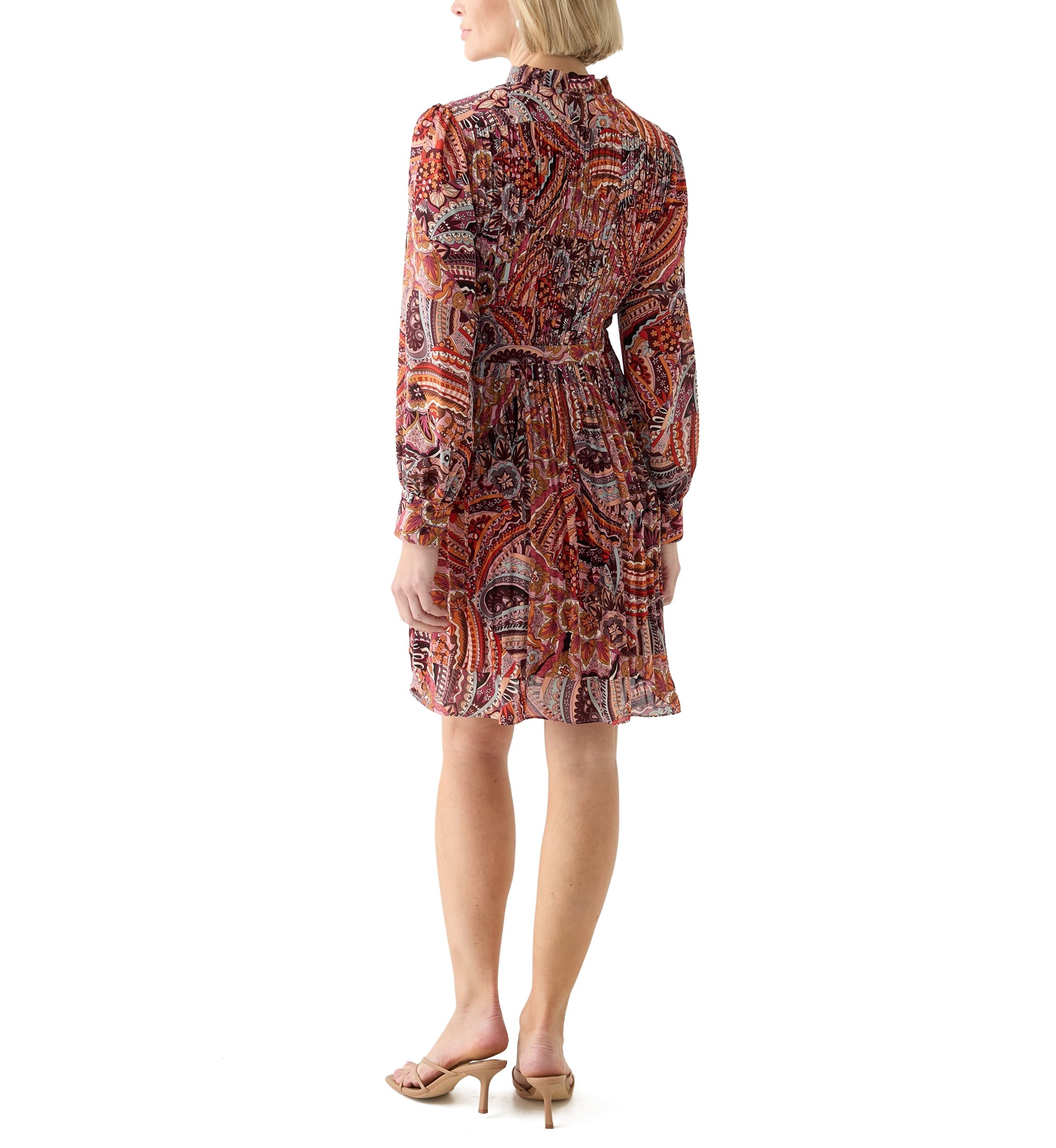 Womens Blouson Sleeve Printed Ruffle Collar Dress