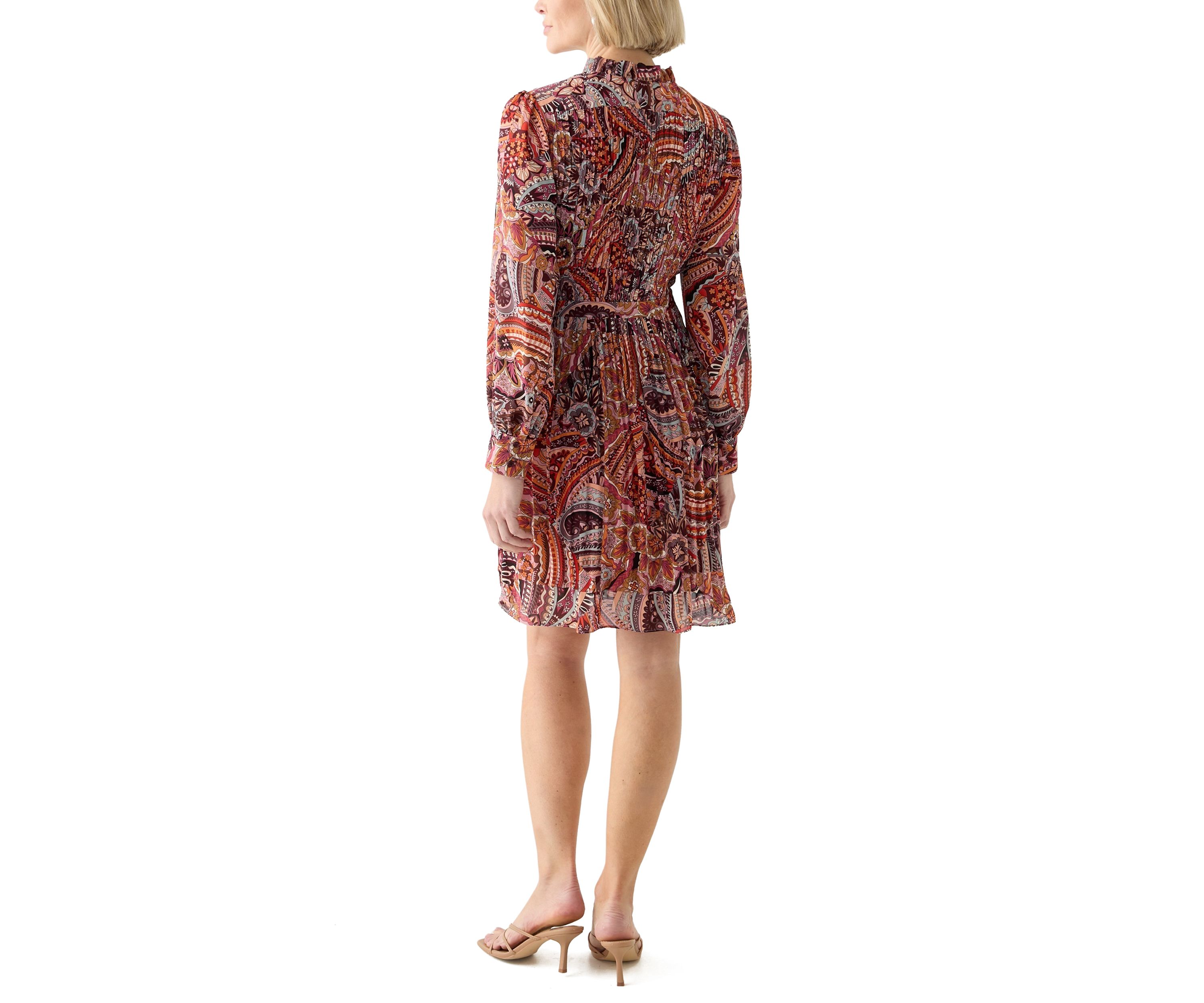 Womens Blouson Sleeve Printed Ruffle Collar Dress