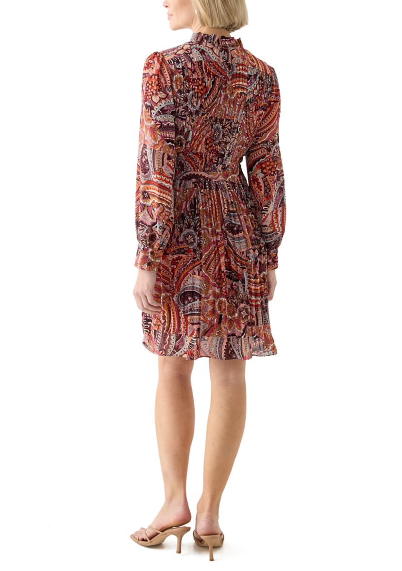 Womens Blouson Sleeve Printed Ruffle Collar Dress
